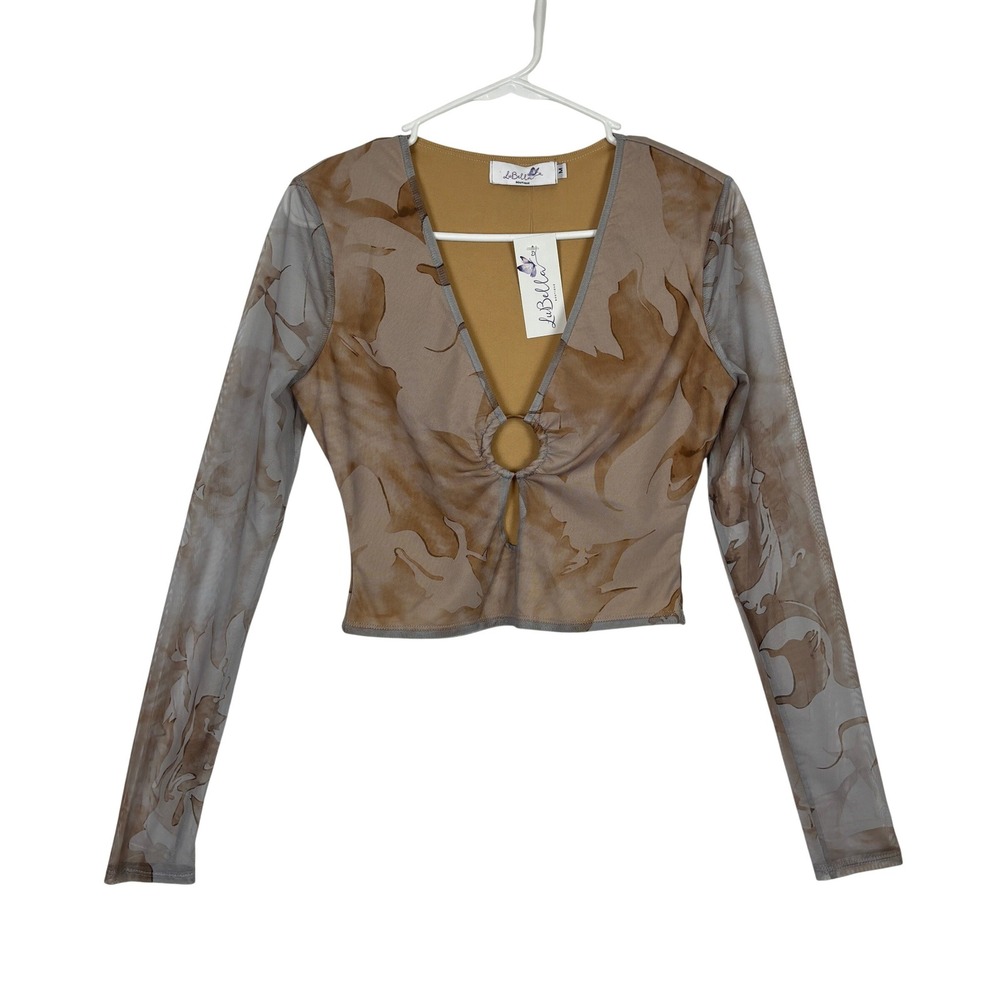y2k Mesh Cropped Top Women Medium Grey Brown Indie Streetwear Sheer Earthy